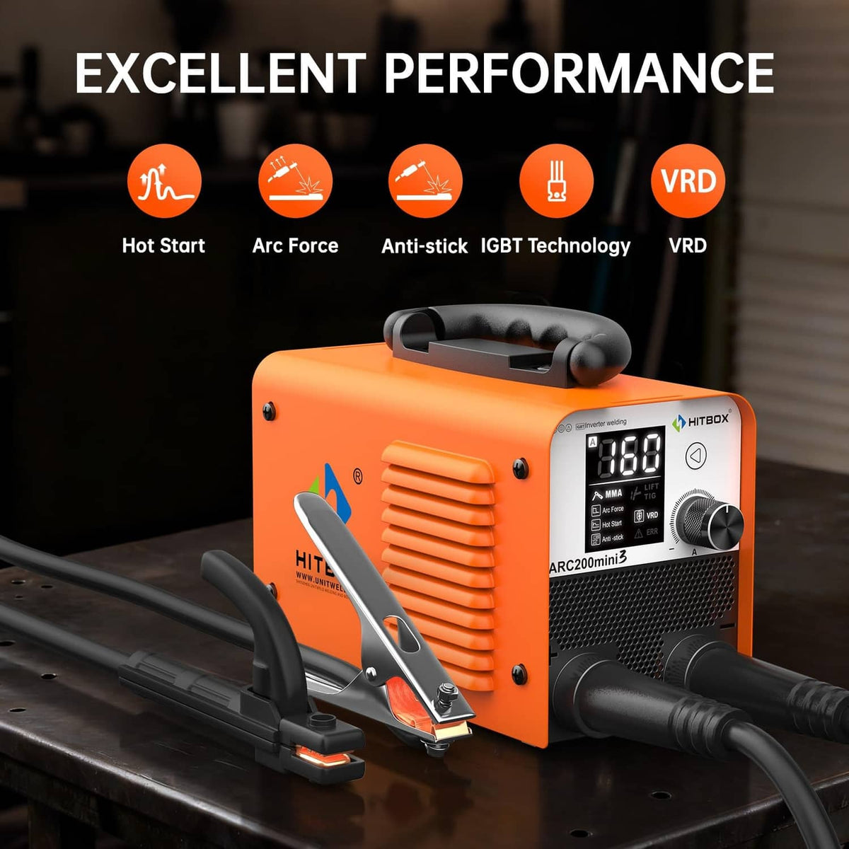 HITBOX orange stick welder with digital display, electrode clamp, and connected cables.