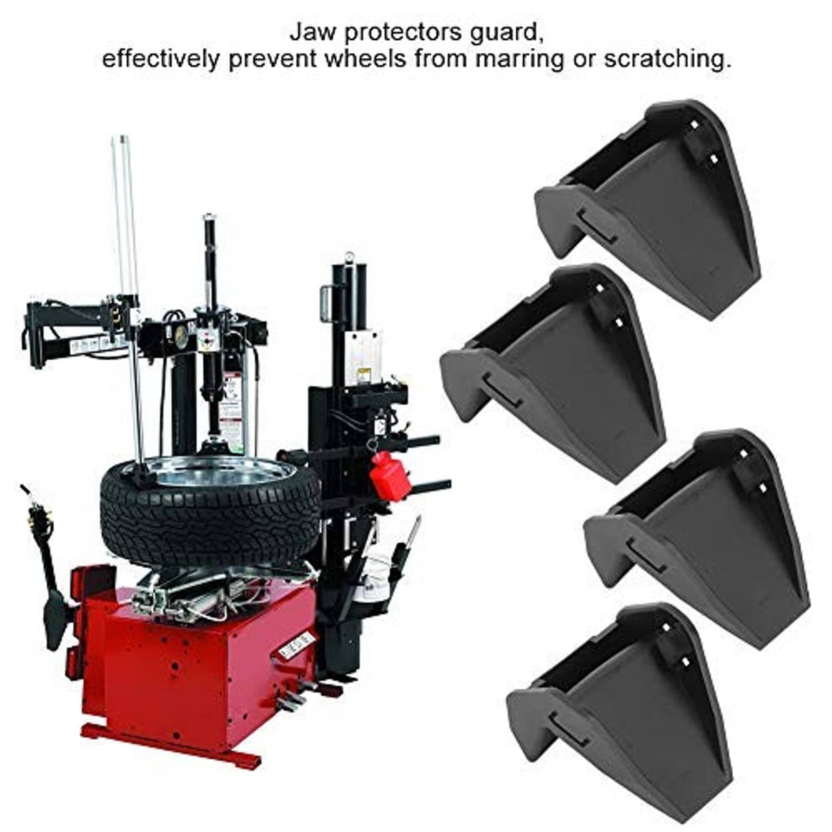 4 black tire changer jaw clamp protectors with raised tab details, multiple angles