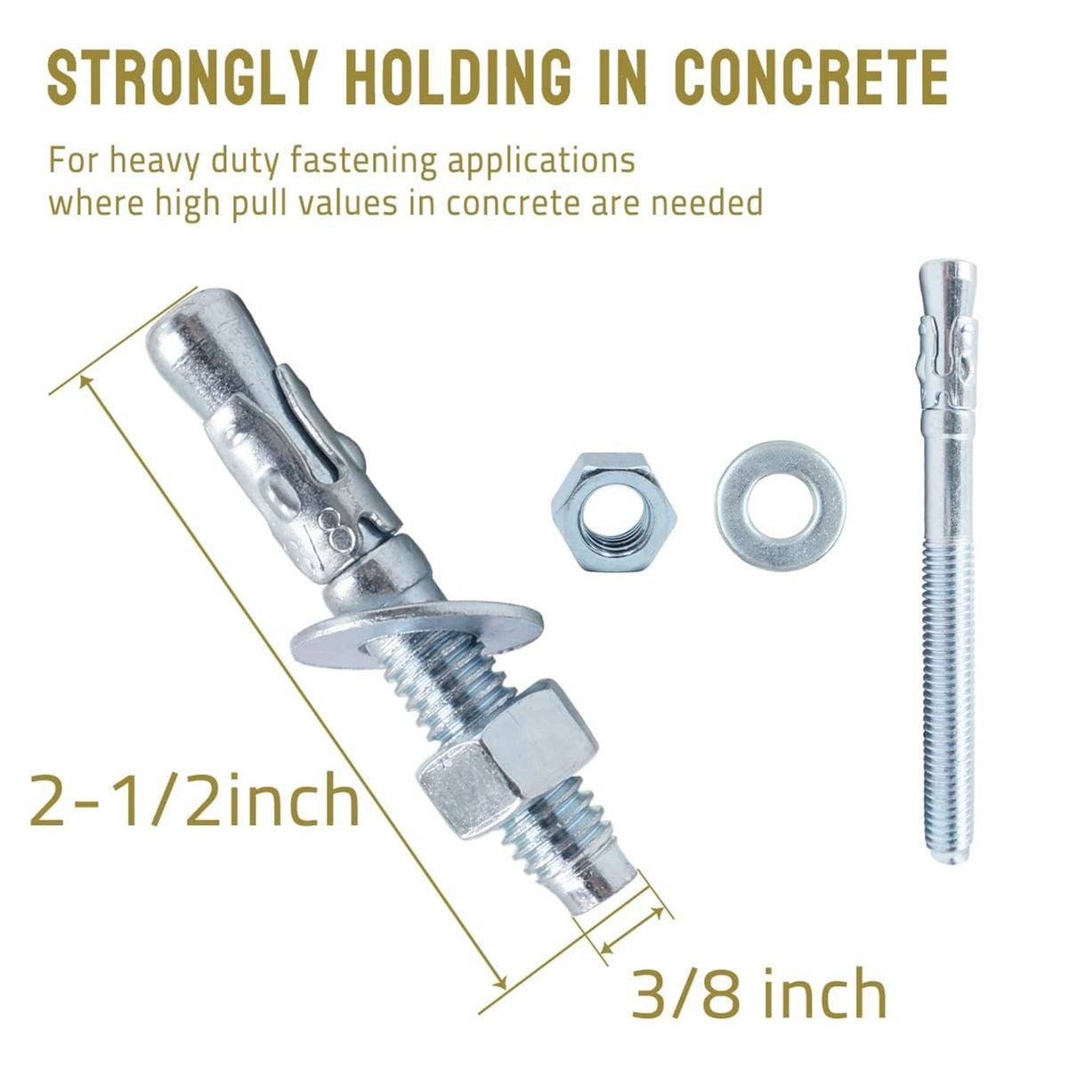 Silver wedge anchor set with hex nut and washer, threaded for concrete