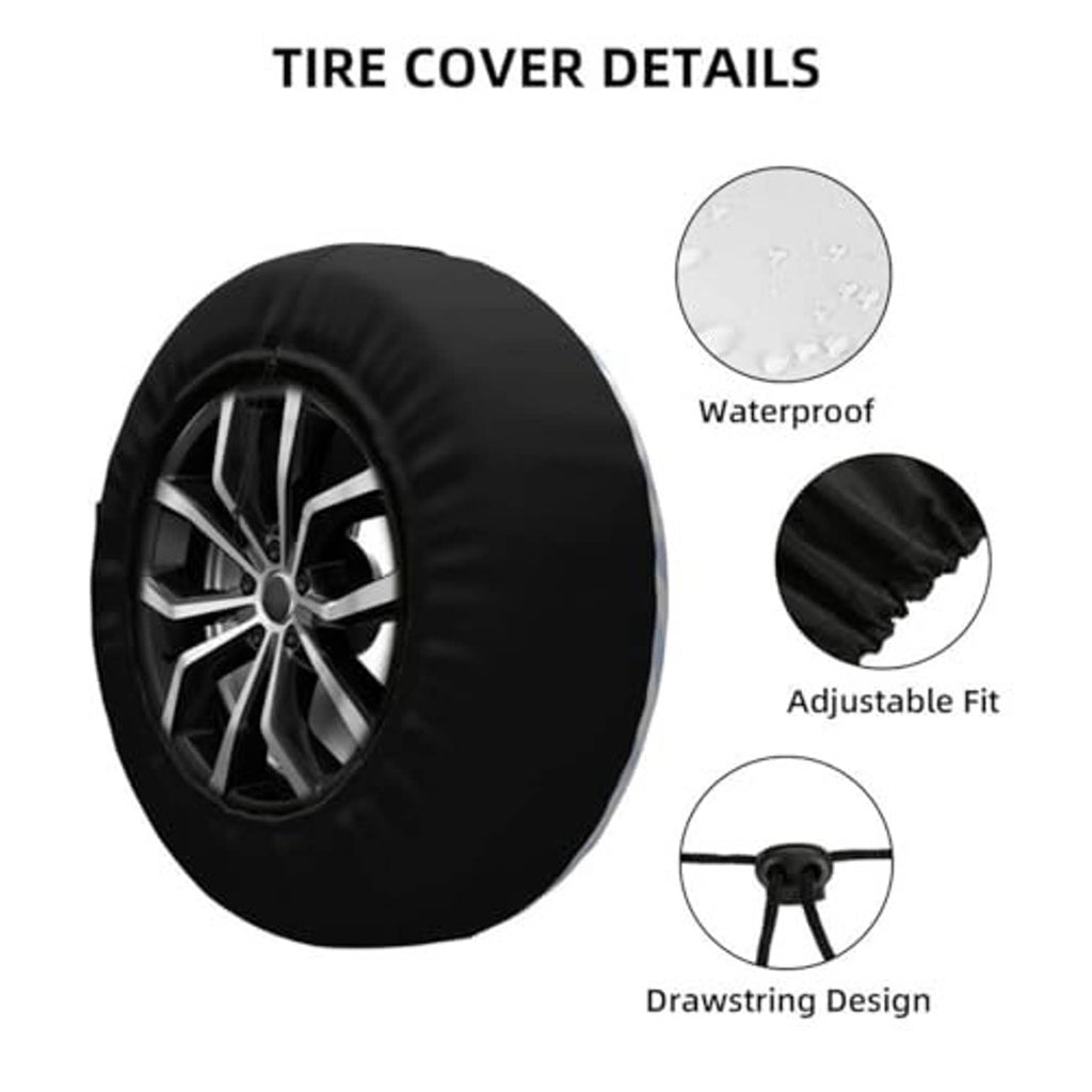 Black spare tire cover showing adjustable fit and drawstring design with skull artwork