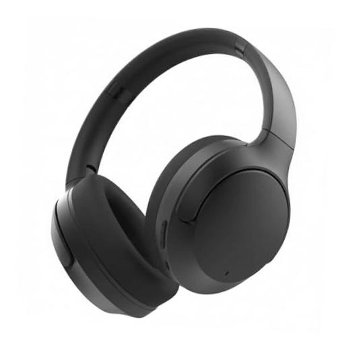 Side view of black over-ear headphones with padded ear cushions and headband