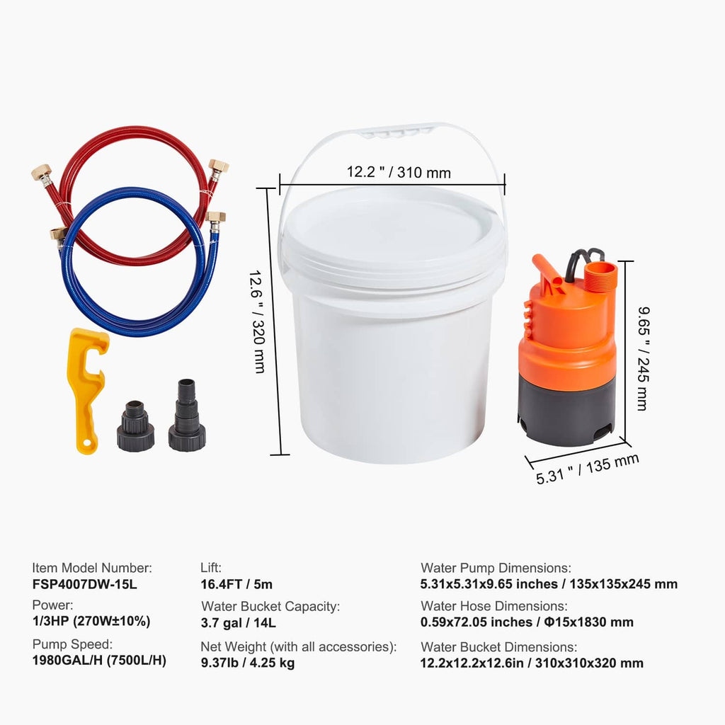 Tankless water heater flushing kit with white pail, orange pump, two hoses, adapters, wrench