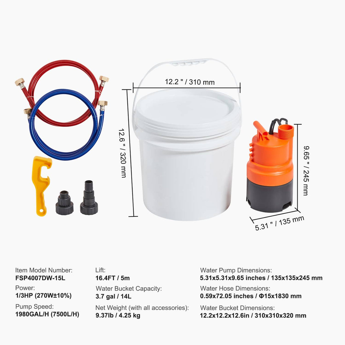 Tankless water heater flushing kit with white pail, orange pump, two hoses, adapters, wrench