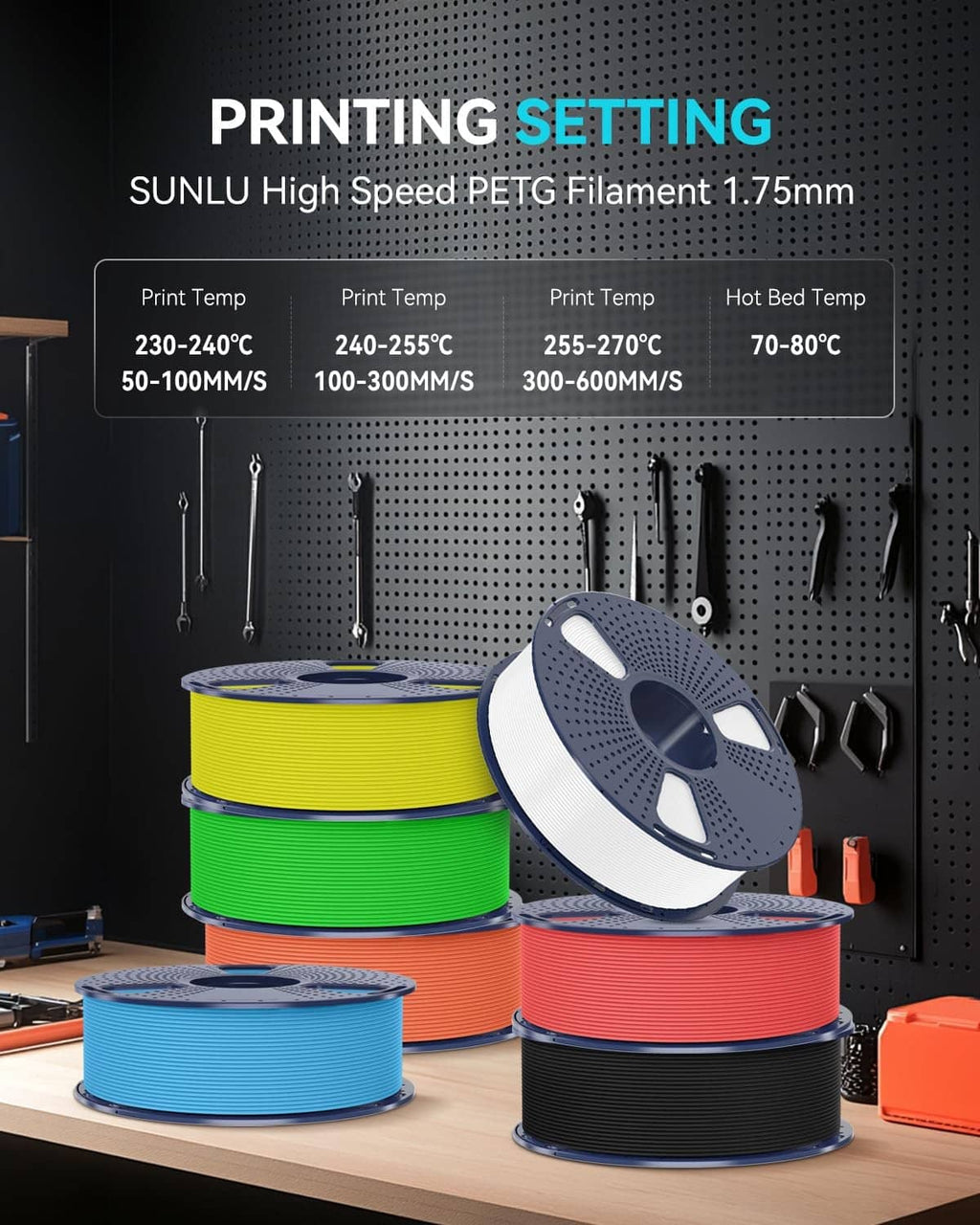 Multiple PETG filament spools in blue, green, yellow, and red on a rack