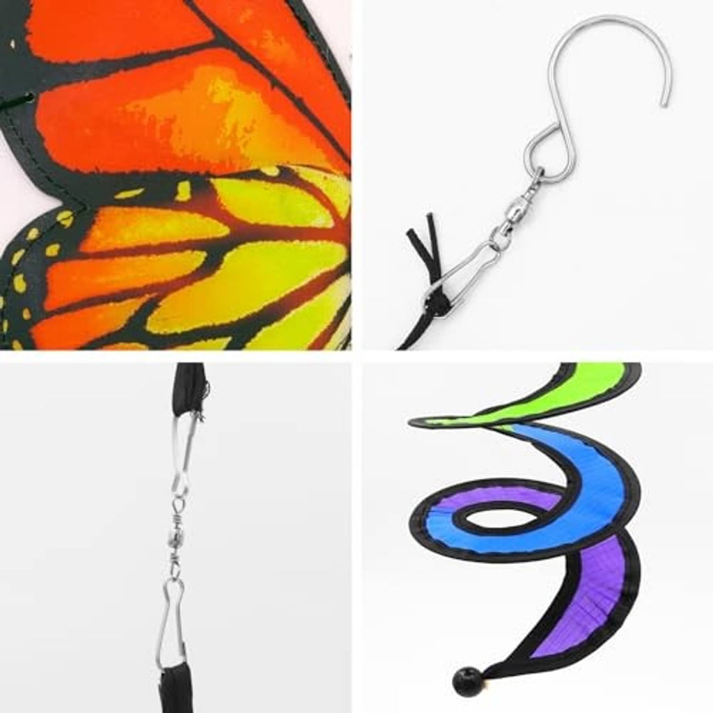 Butterfly wind spinner close-up with metal hanging hook and rainbow curlie spring tail