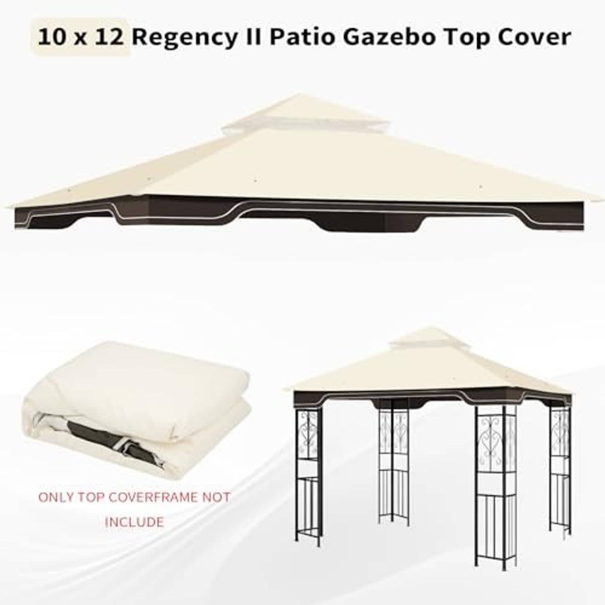 Beige 10x12 gazebo top cover with dark trim, plus included cloth bag