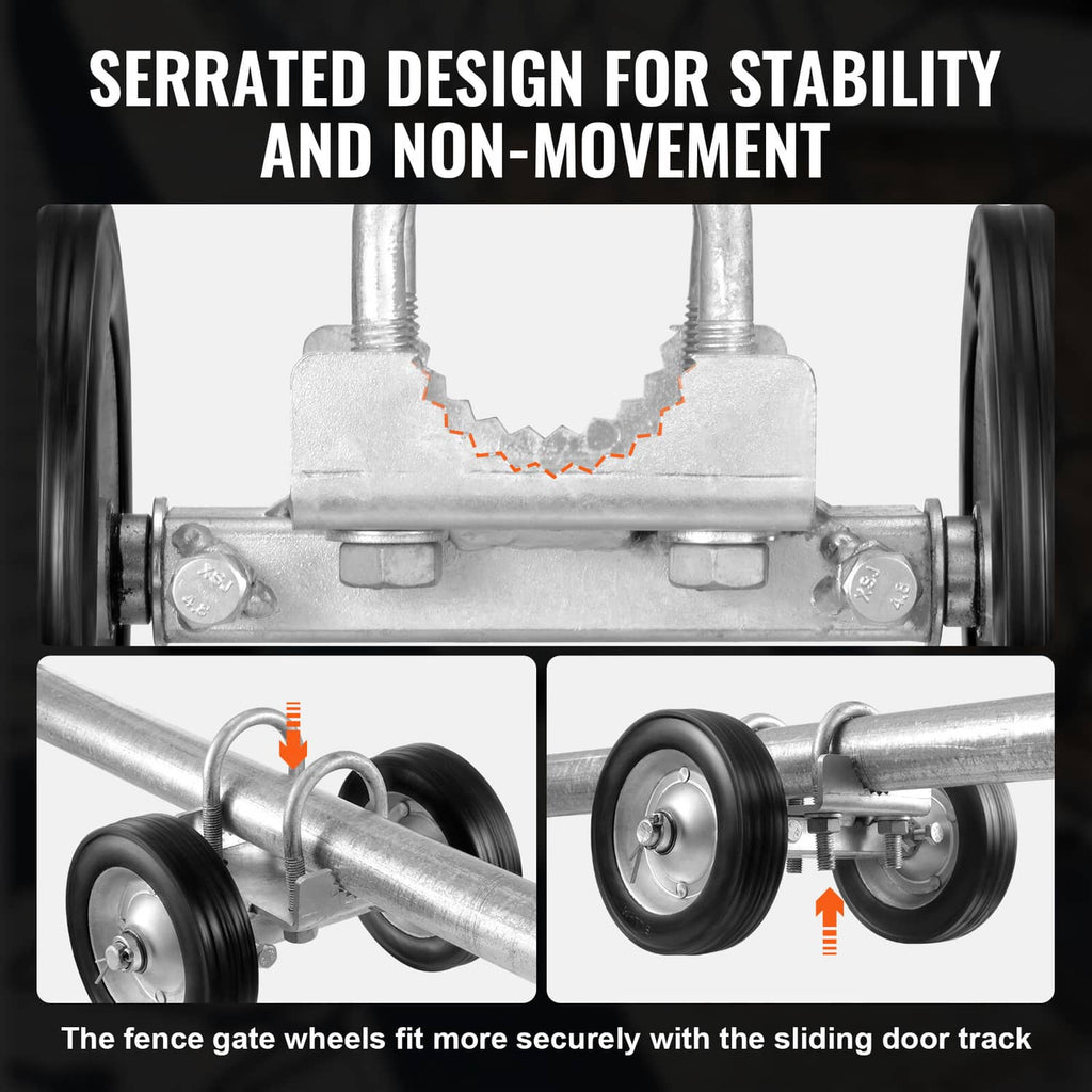 Sliding gate caster kit with serrated galvanized base and two rubber wheels