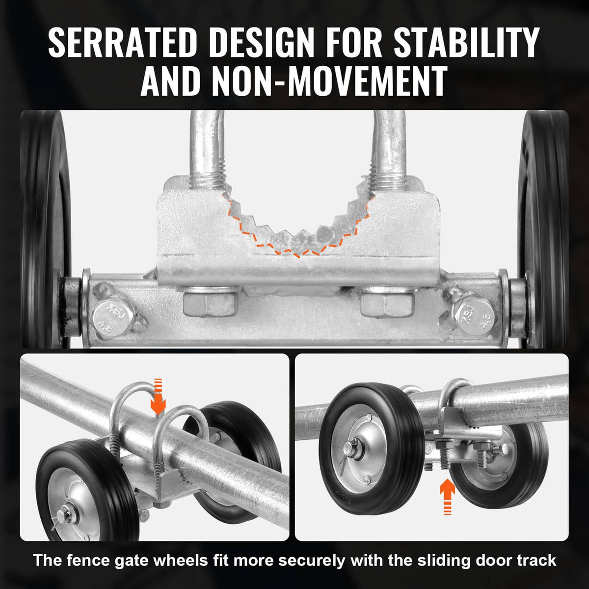Sliding gate caster kit with serrated galvanized base and two rubber wheels