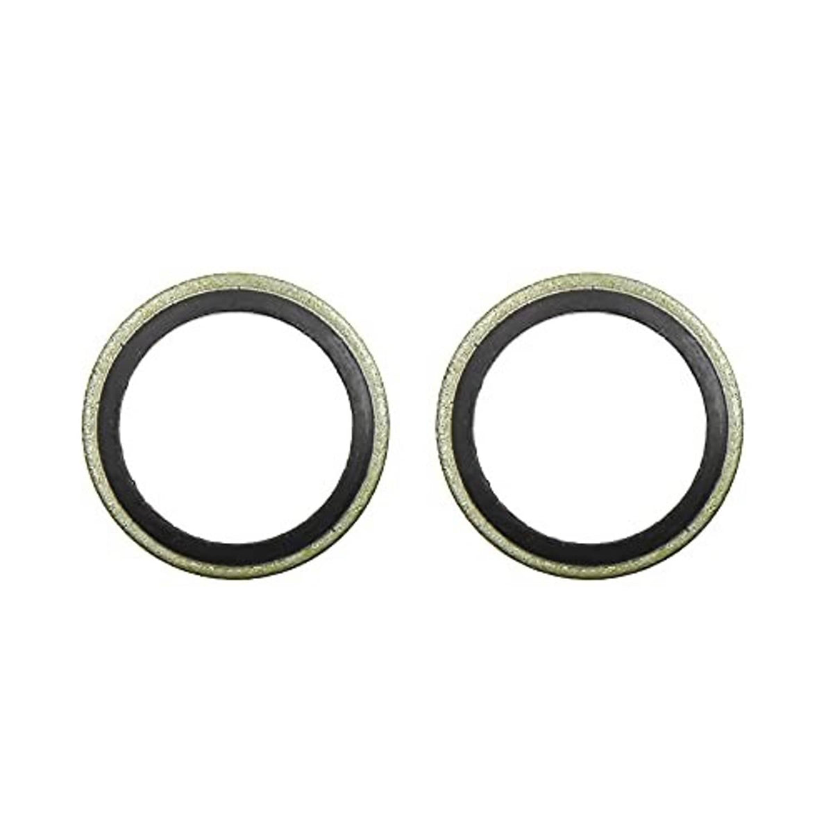 Two oil drain plug crush washers, metal rings with black inner gasket