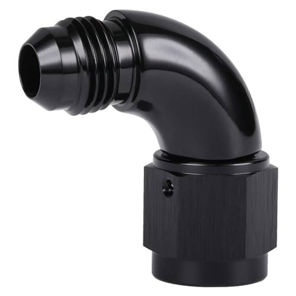 Black 90-degree swivel AN adapter fitting with ribbed threads and hex body