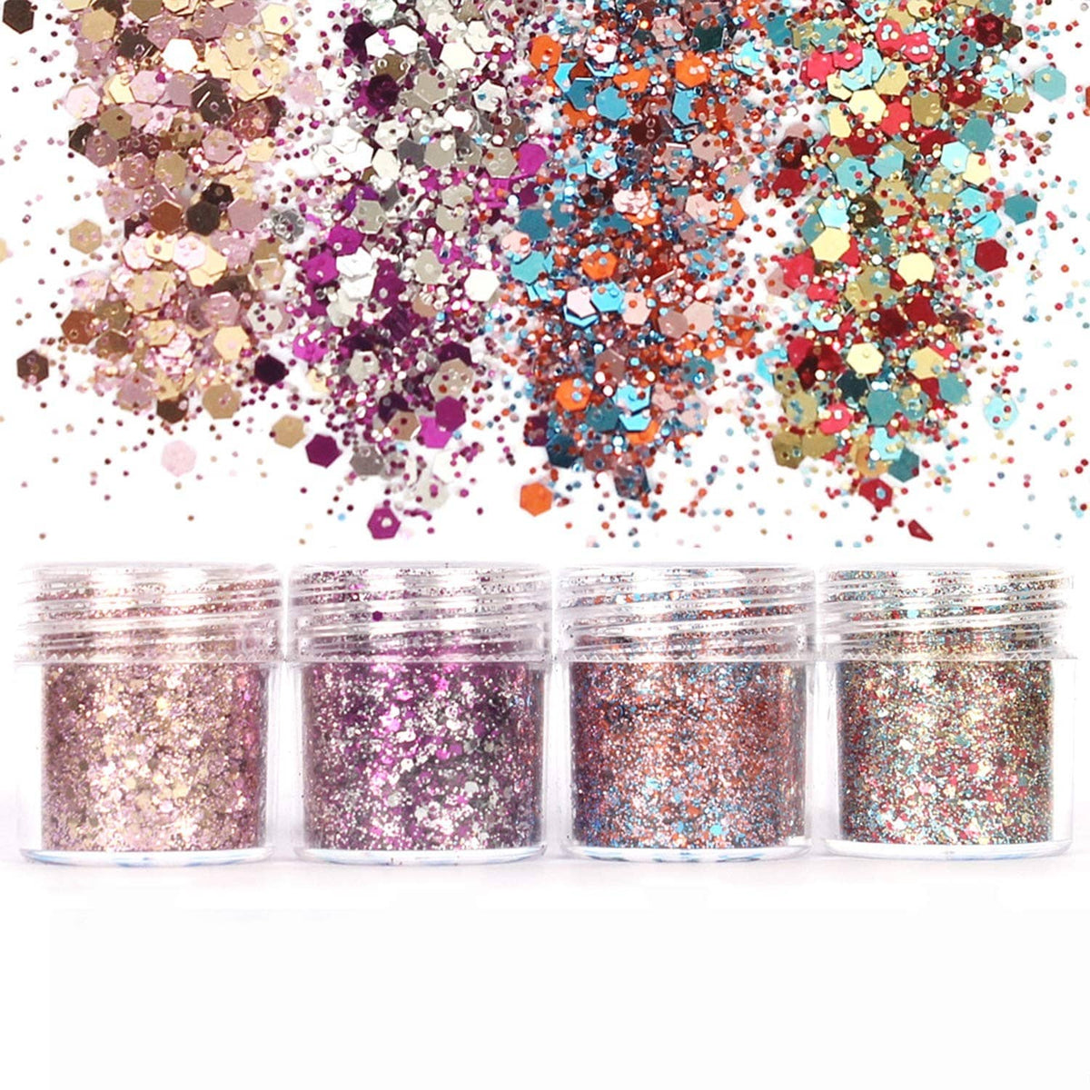 Chunky multicolor glitter flakes displayed above four clear jars in rose, gold, and orange
