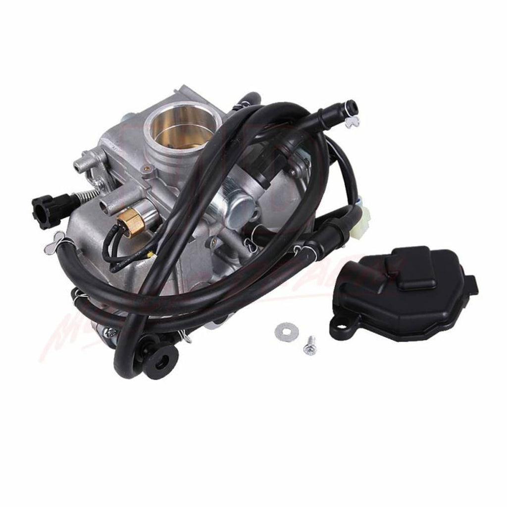 Carburetor assembly with hoses, throttle body inlet, and black cover cap