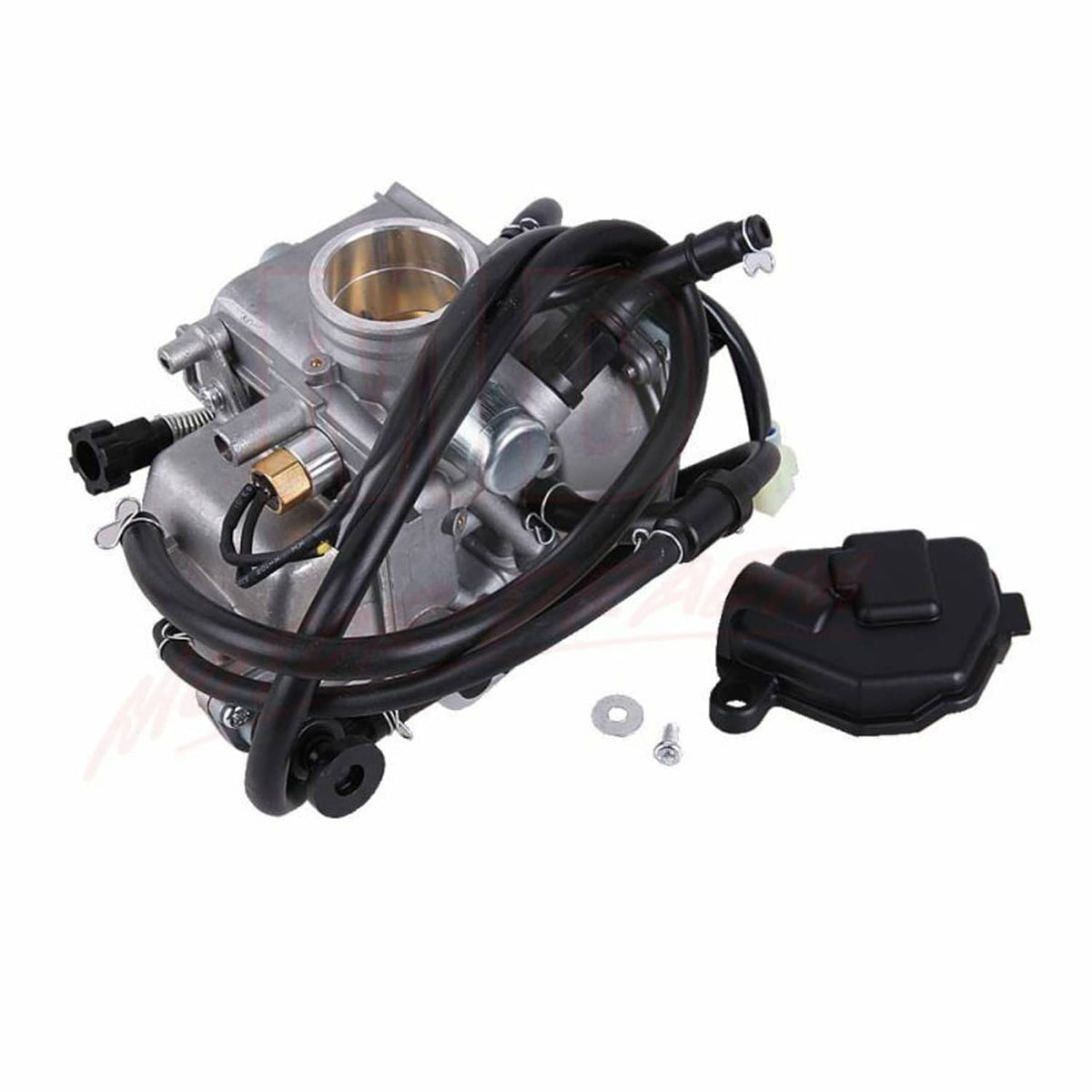 Carburetor assembly with hoses, throttle body inlet, and black cover cap