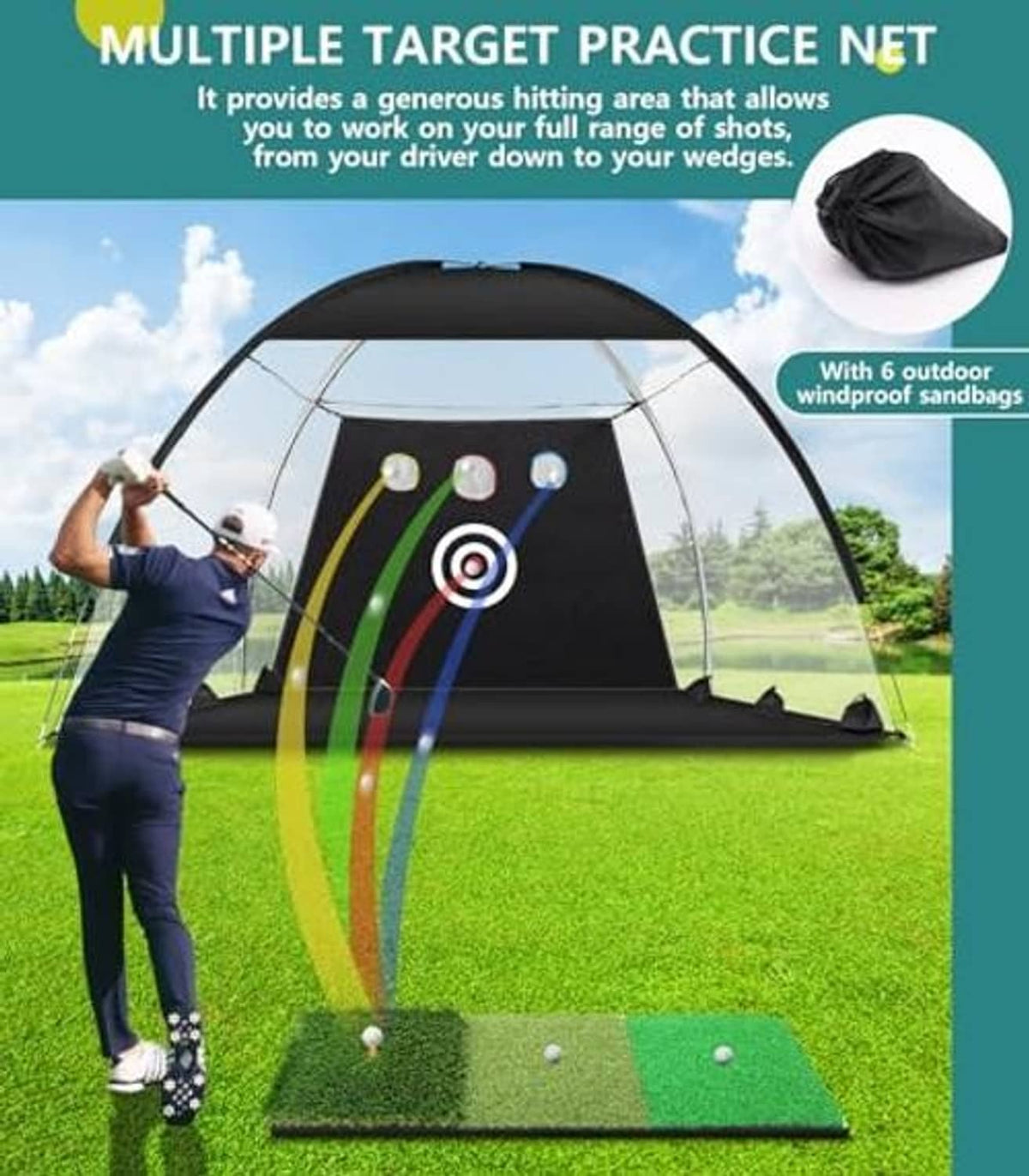 Golf practice net with black target screen and colorful ball targets, set on lawn