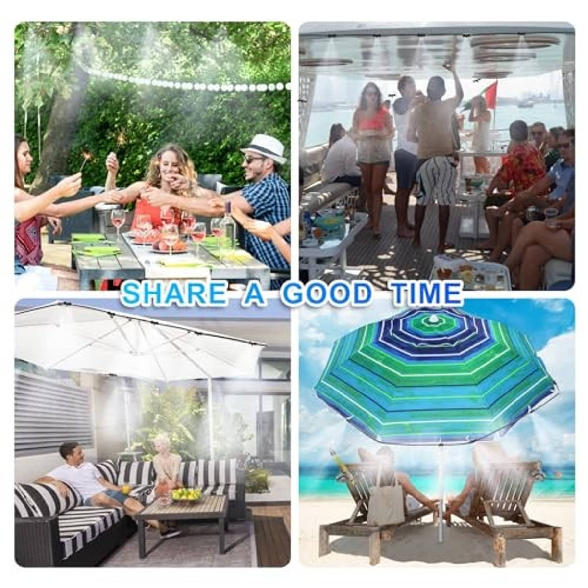 Outdoor patio misting cooling for seating area with fine water spray