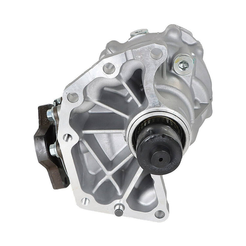 Transfer case assembly showing circular output port with black seal and ribs