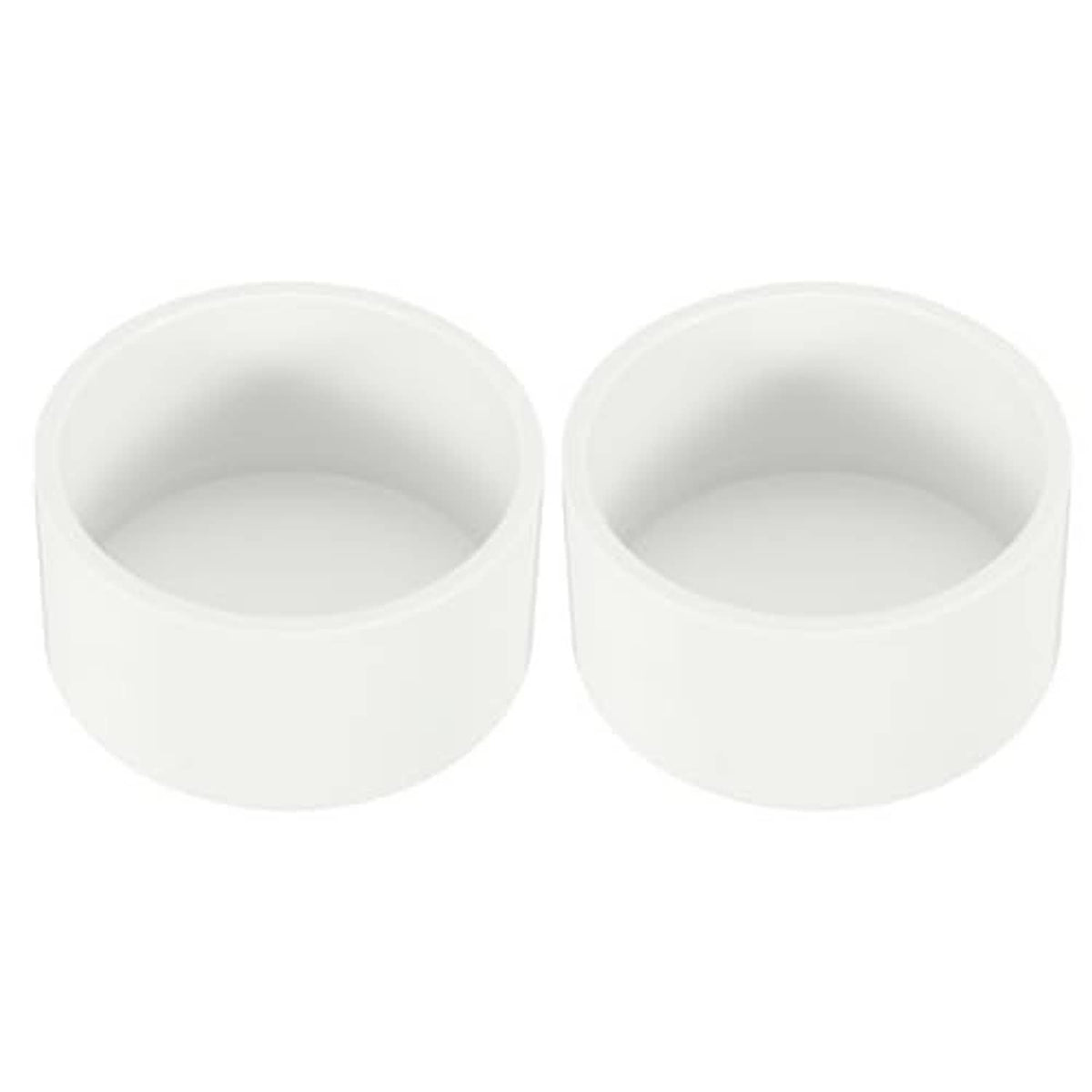 White PVC pipe end cap plug set, open-ended round cylinder fittings.