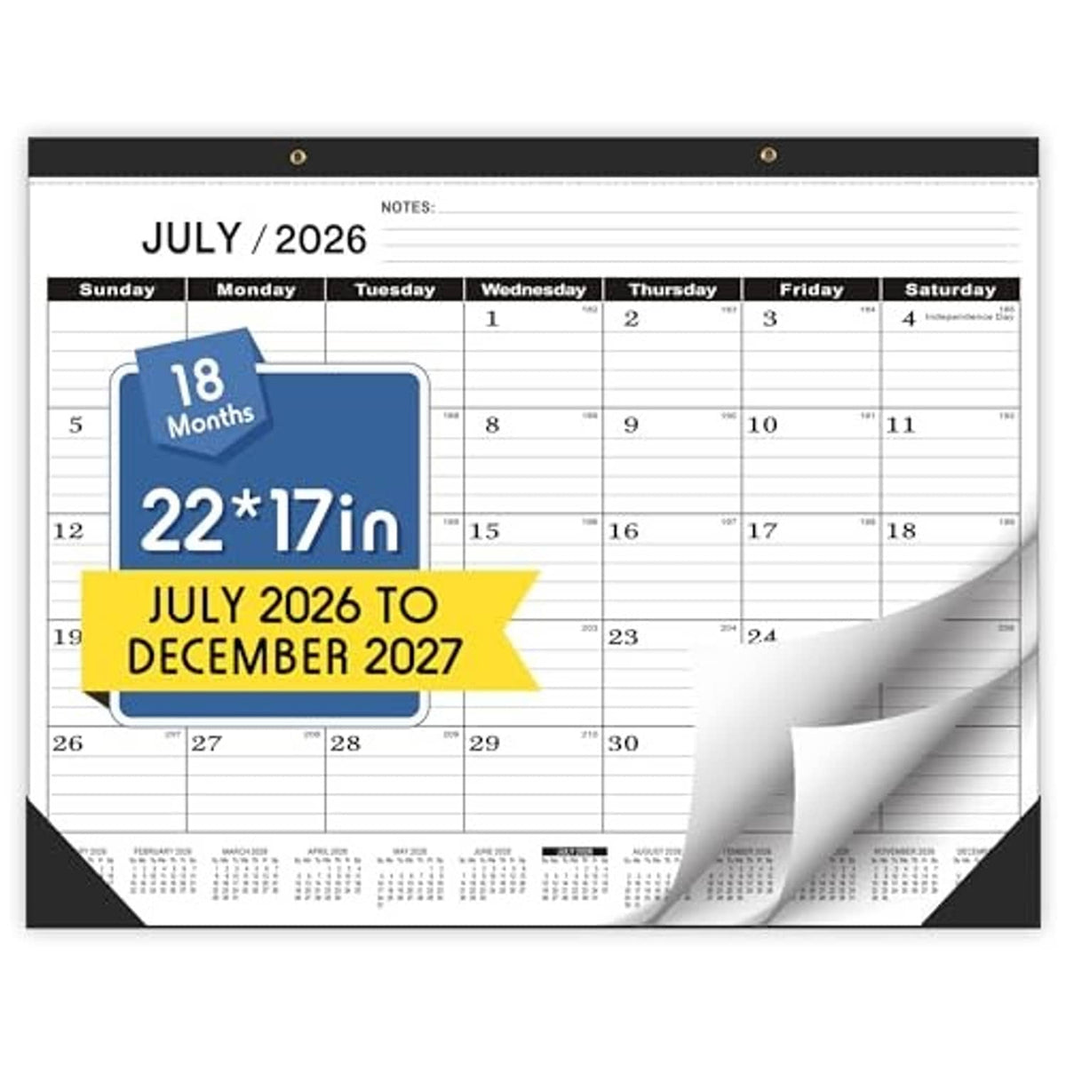 Desk calendar layout for July 2026 to December 2027 with blue "18 months" label and grid