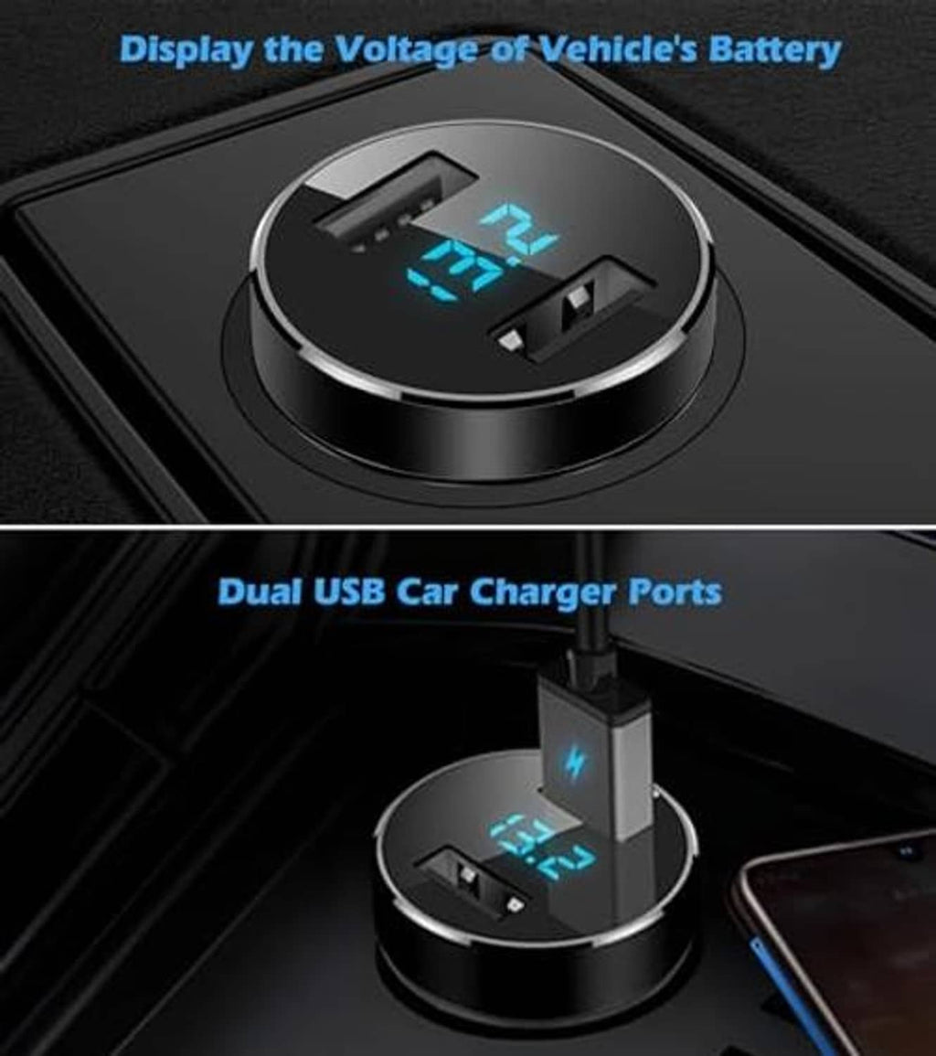 Close-up of black dual USB car charger top with LED voltage meter and two ports
