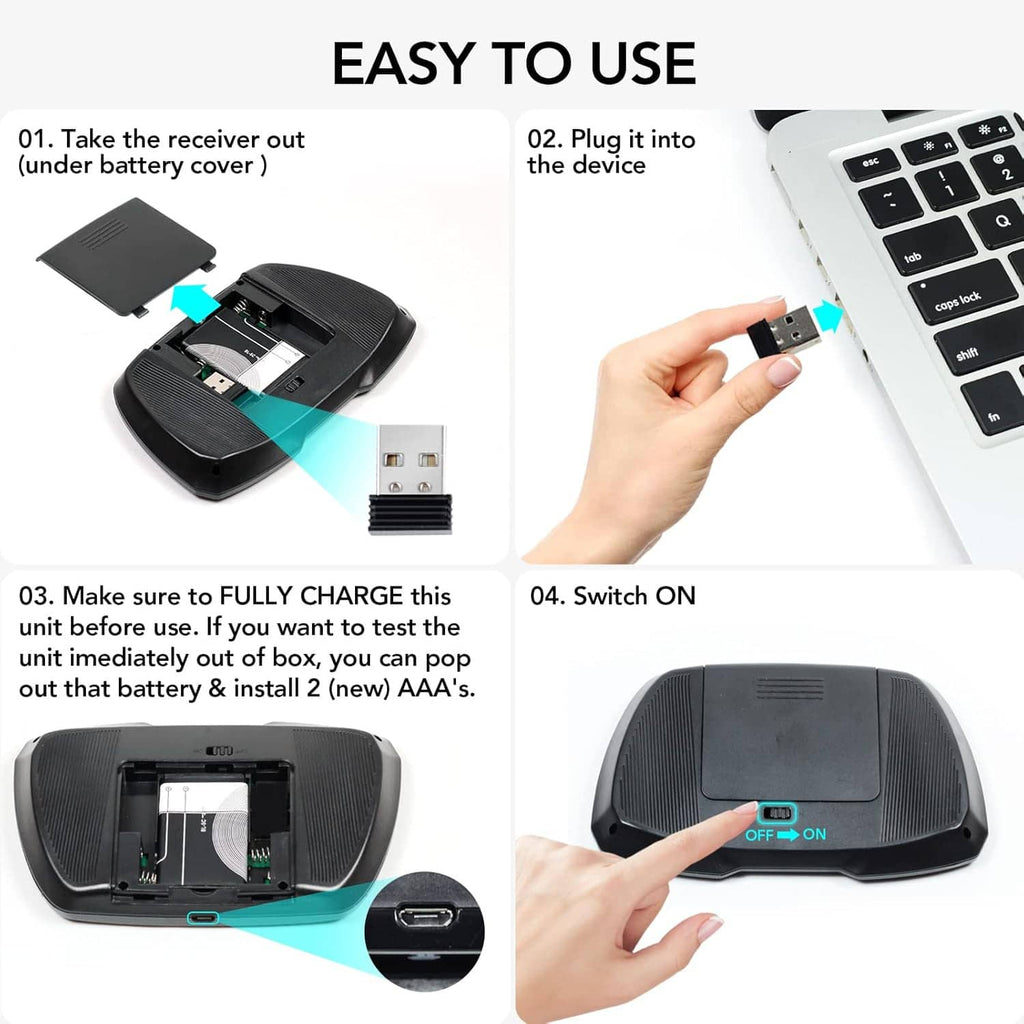 Mini keyboard with touchpad, open battery area and USB receiver connection