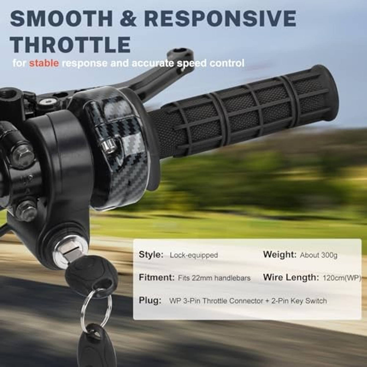 Lock-equipped throttle grip with textured rubber handle and key-ignition housing