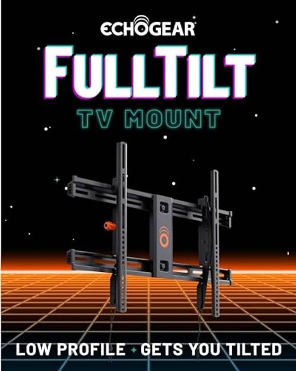 Low-profile full-tilt TV mount bracket with dual rails and tilt interface, black
