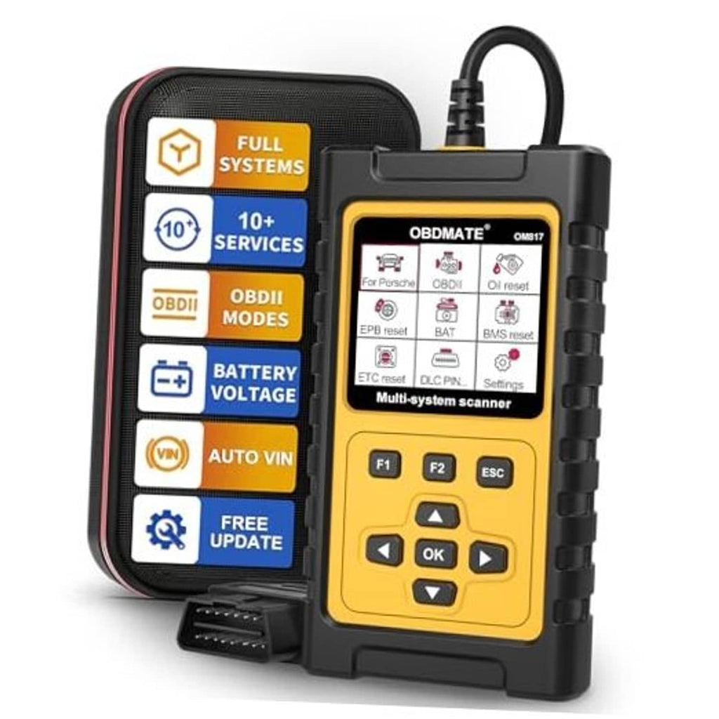 OBDMATE OMB817 OBD2 multi-system diagnostic scanner with yellow display and keypad