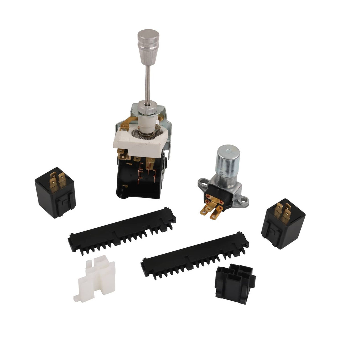 Wiring switch and relay components with black housing, metal parts, and connectors