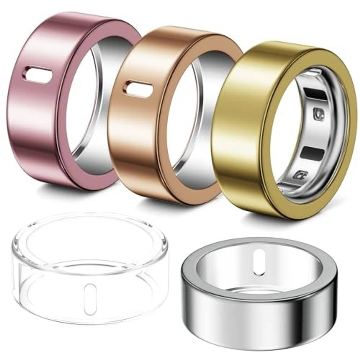 Set of ring covers in rose gold, gold, and silver with clear spare cover pieces