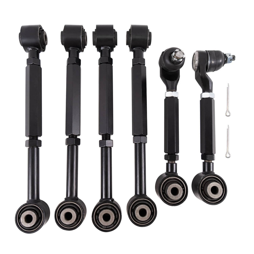 Six-piece black rear control arm kit with ball joints and round rubber bushings