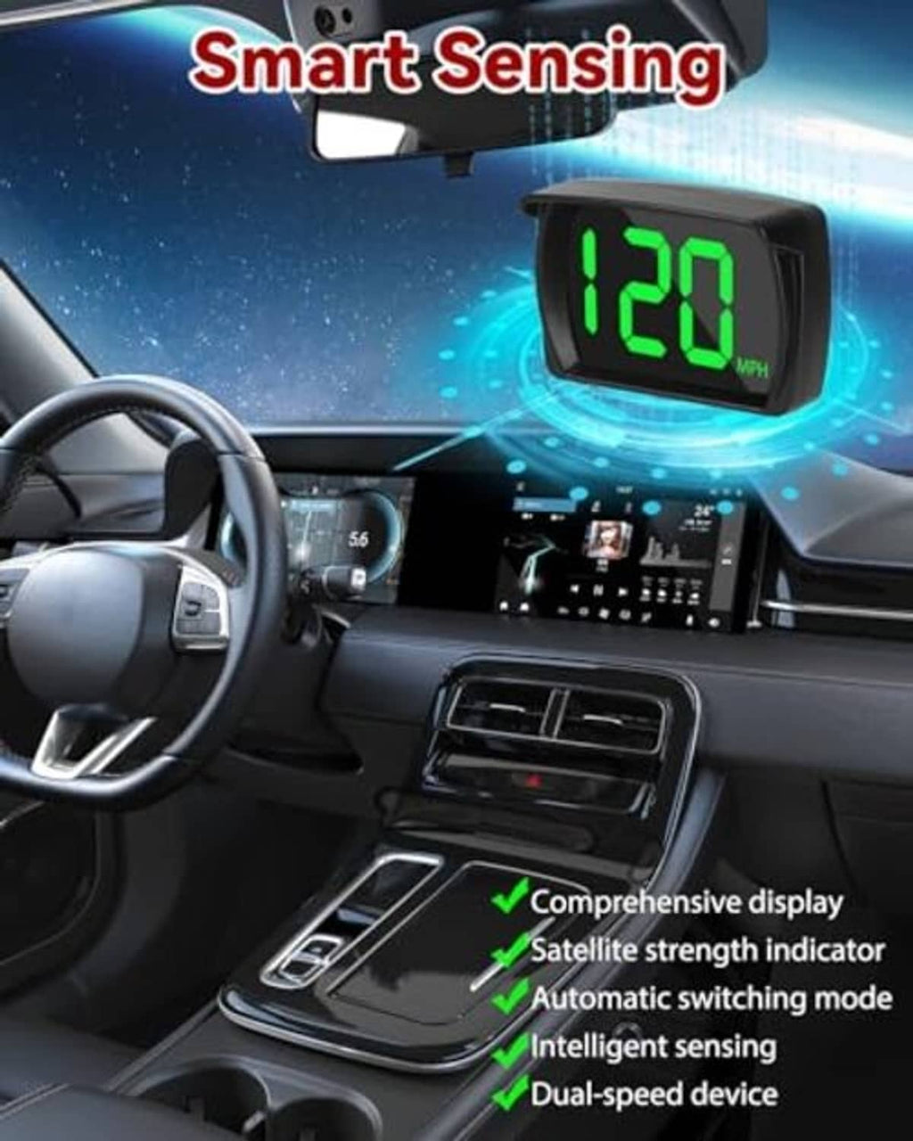 Dashboard-mounted GPS HUD speed display showing green 120 MPH digits in-car.