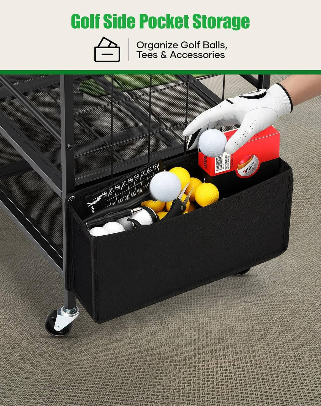 Black side pocket storage bin for golf balls, tees, and accessories on a rack
