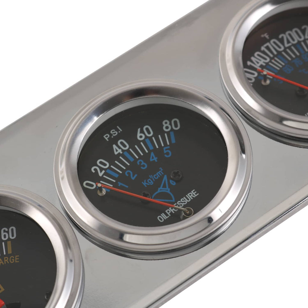 Close-up of oil pressure gauge on chrome triple car panel with dial markings