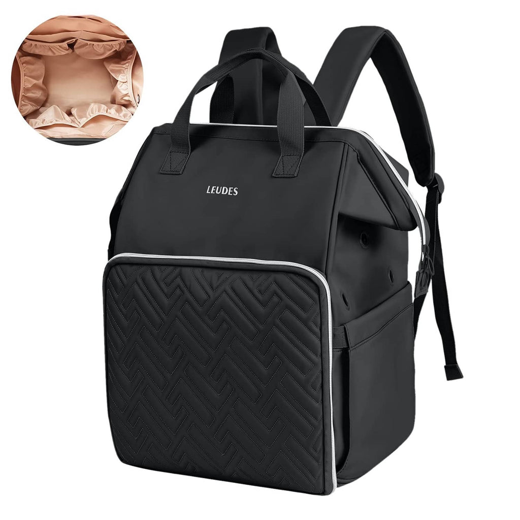 LEUDES black knitting bag backpack with side straps, front quilted panel, and zipper pocket