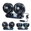 Dual-head car dashboard fan with black base and two round grille fan heads