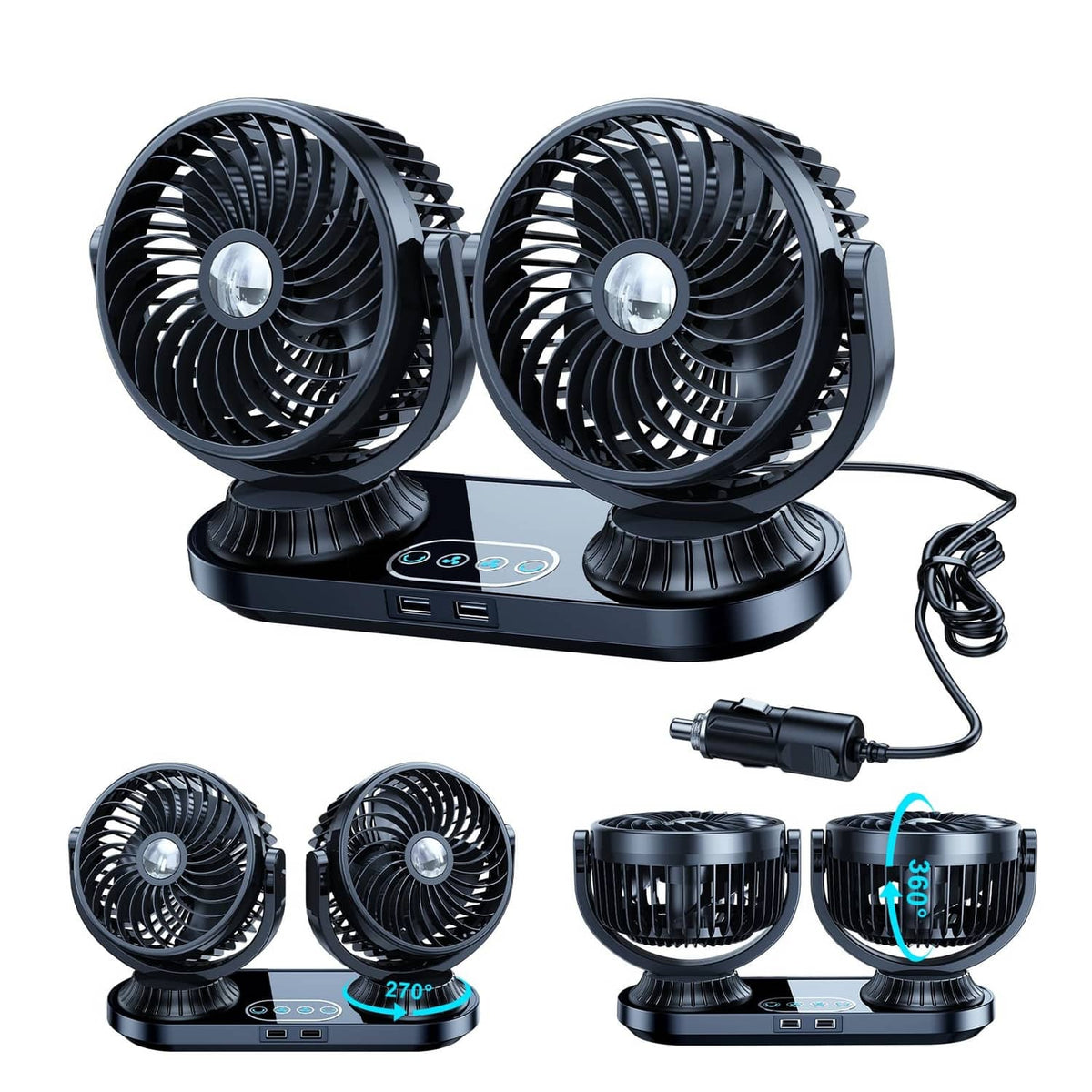 Dual-head car dashboard fan with black base and two round grille fan heads