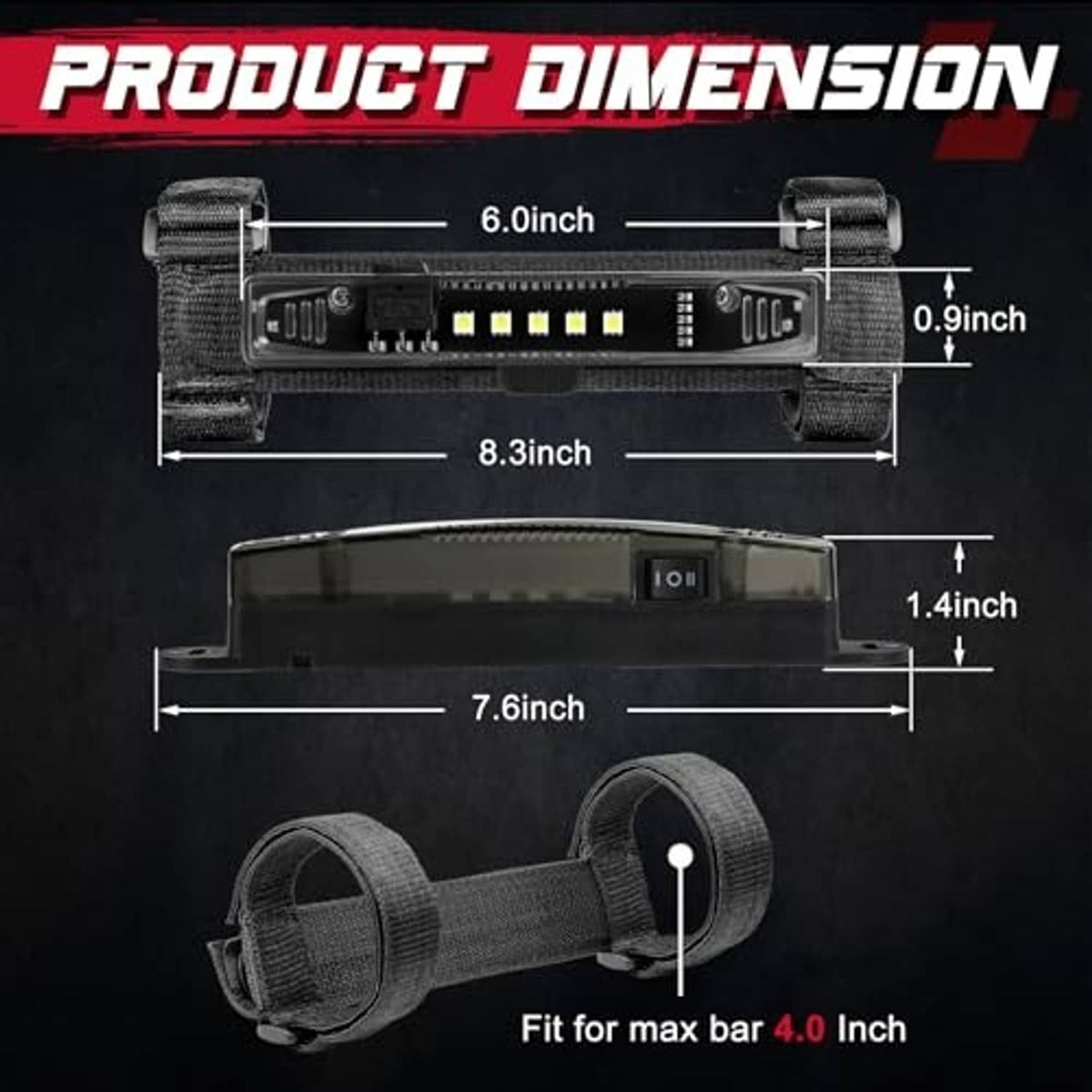 Compact black LED light bar with mounting straps, shown with size dimensions