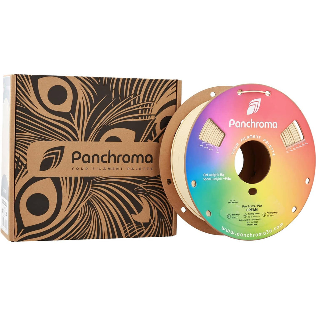 PLA filament spool with cream filament and a matching cardboard packaging box
