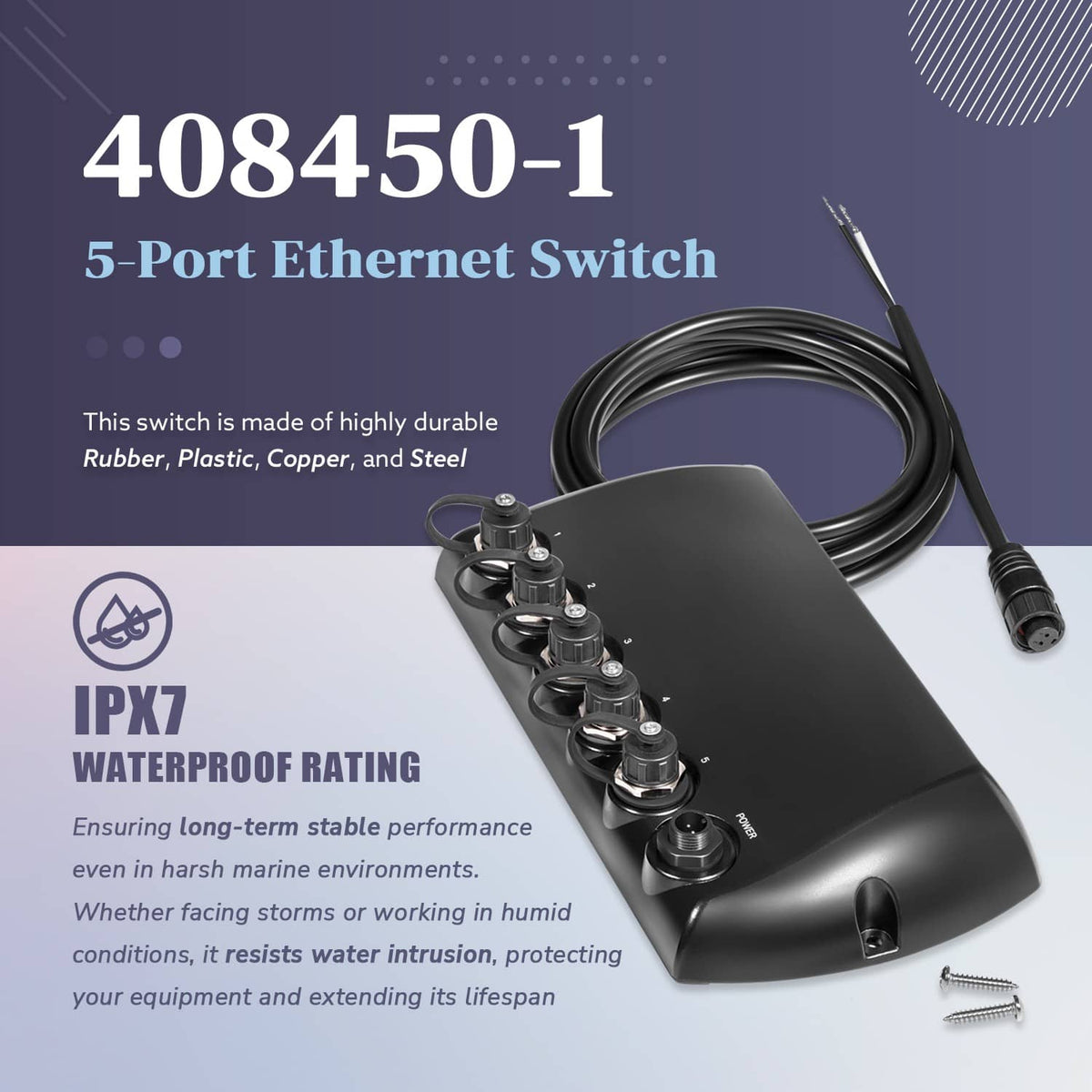Black 5-port Ethernet switch with bundled cable and five screw-down terminal ports.