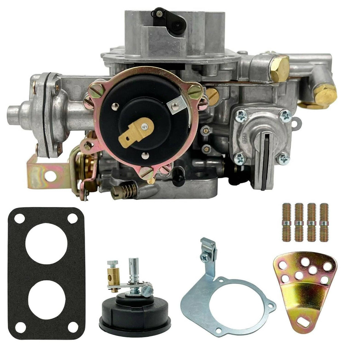 Carburetor assembly front view with vacuum port, metal housing, mounting gasket and screws