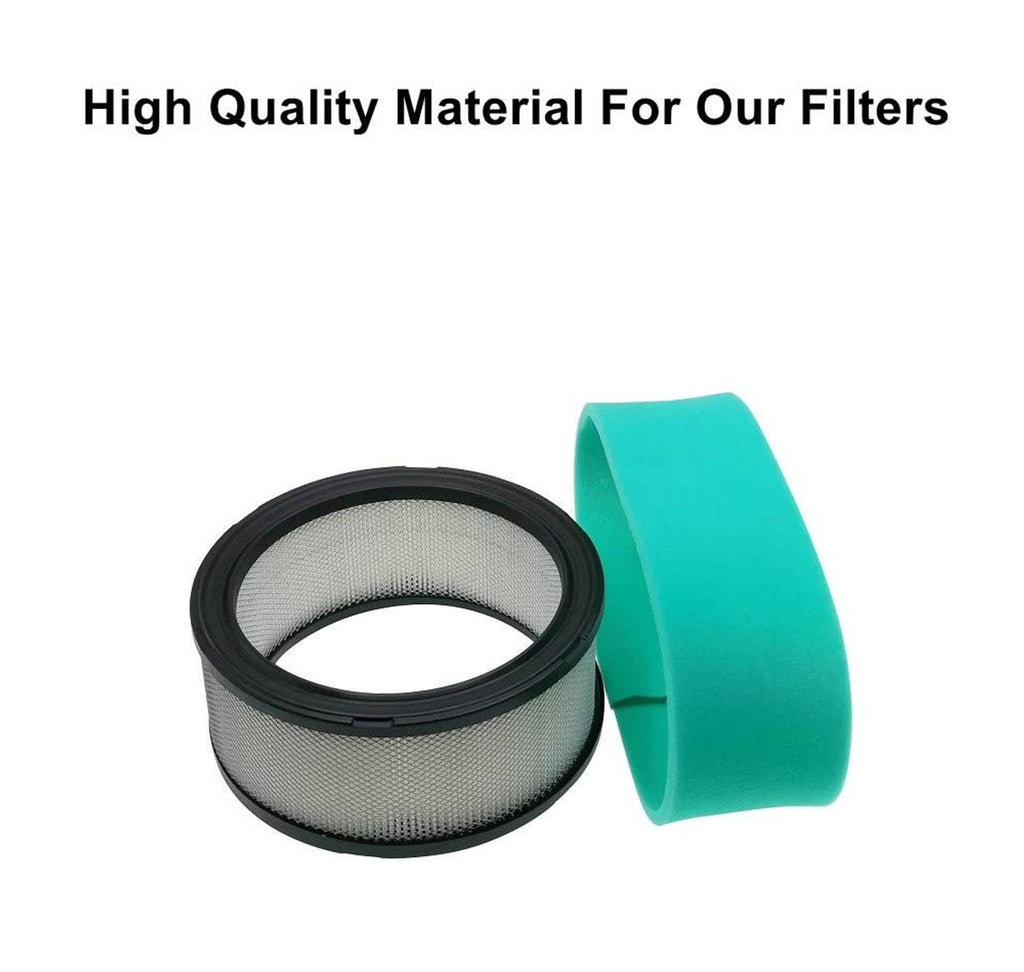 Round air filter with teal foam housing, gray mesh core, and black rim