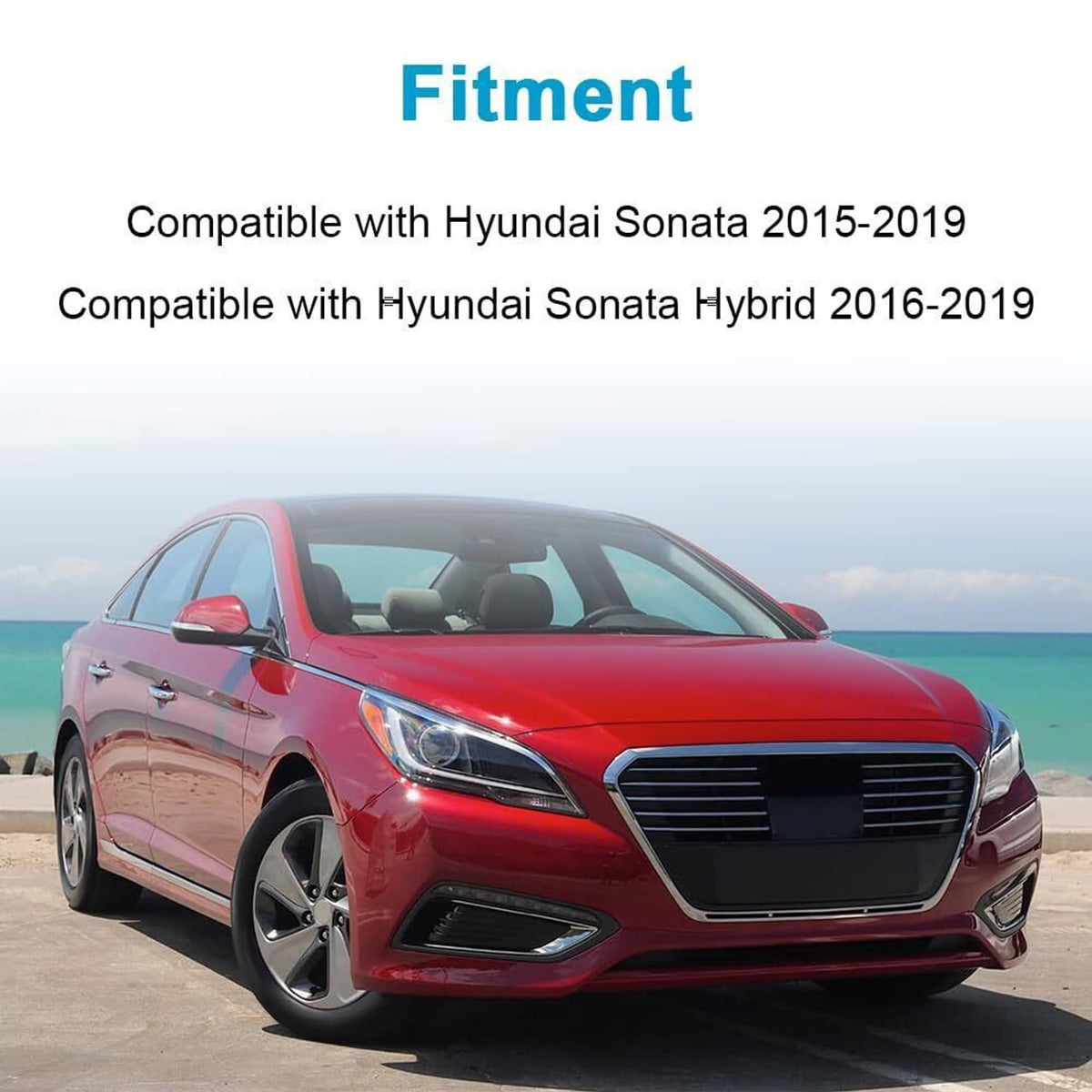 Vehicle fitment image showing a red Hyundai Sonata on a road.