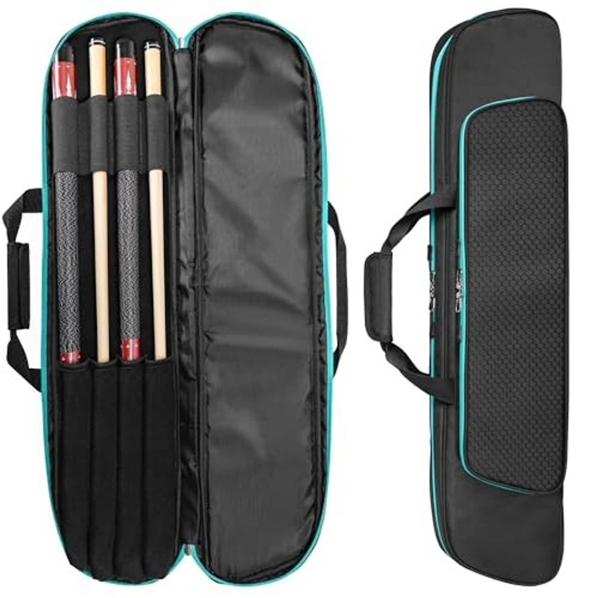 Soft 2-cue pool cue case, black with teal piping, front view with carry strap