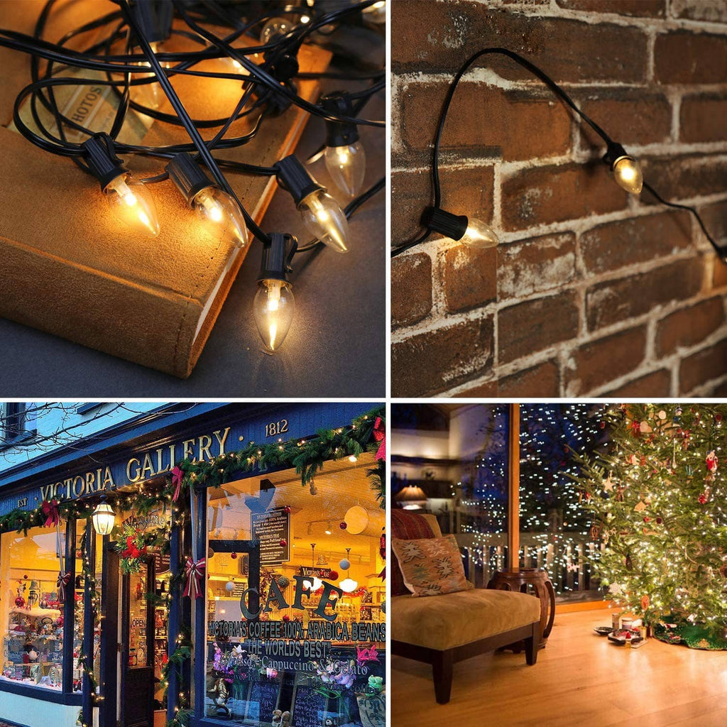 String light bulbs with warm teardrop glow on black cords, candelabra style