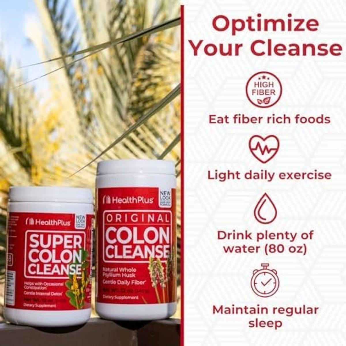 Super Colon Cleanse bottle and jar beside each other with red label and HealthPlus logo