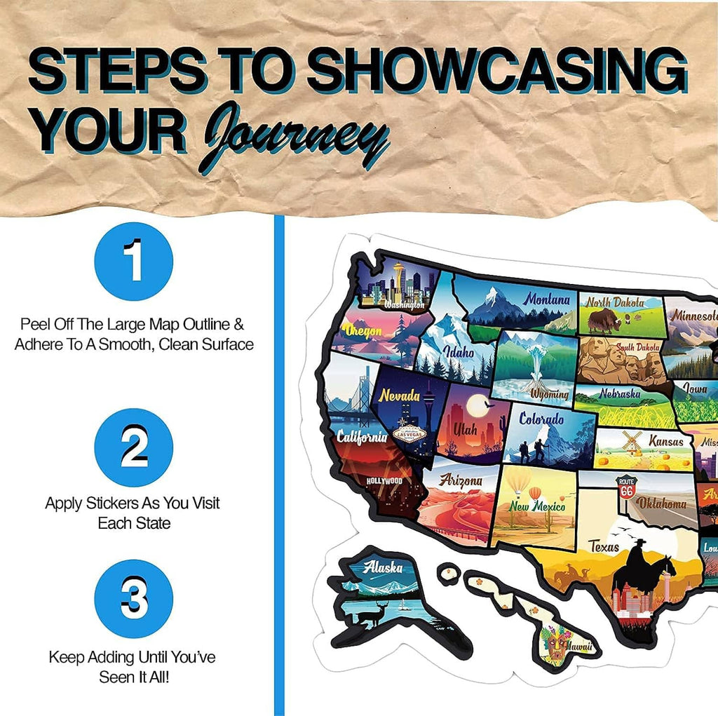 USA state travel map sticker decal shown with step-by-step application guide