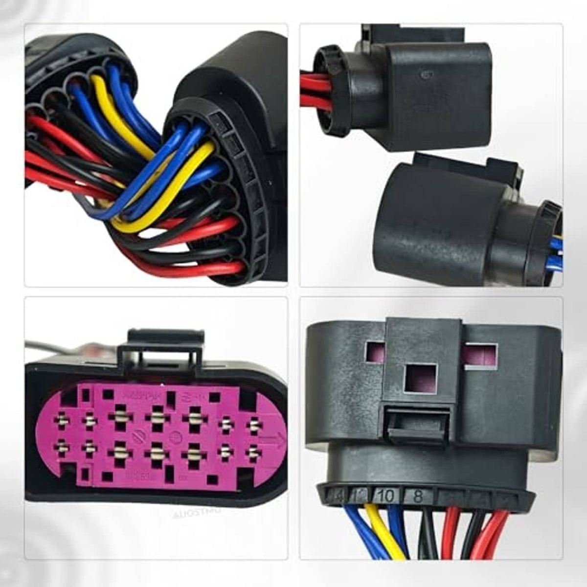 Headlight connector harness pigtail with close-up black housings and purple multi-pin connector