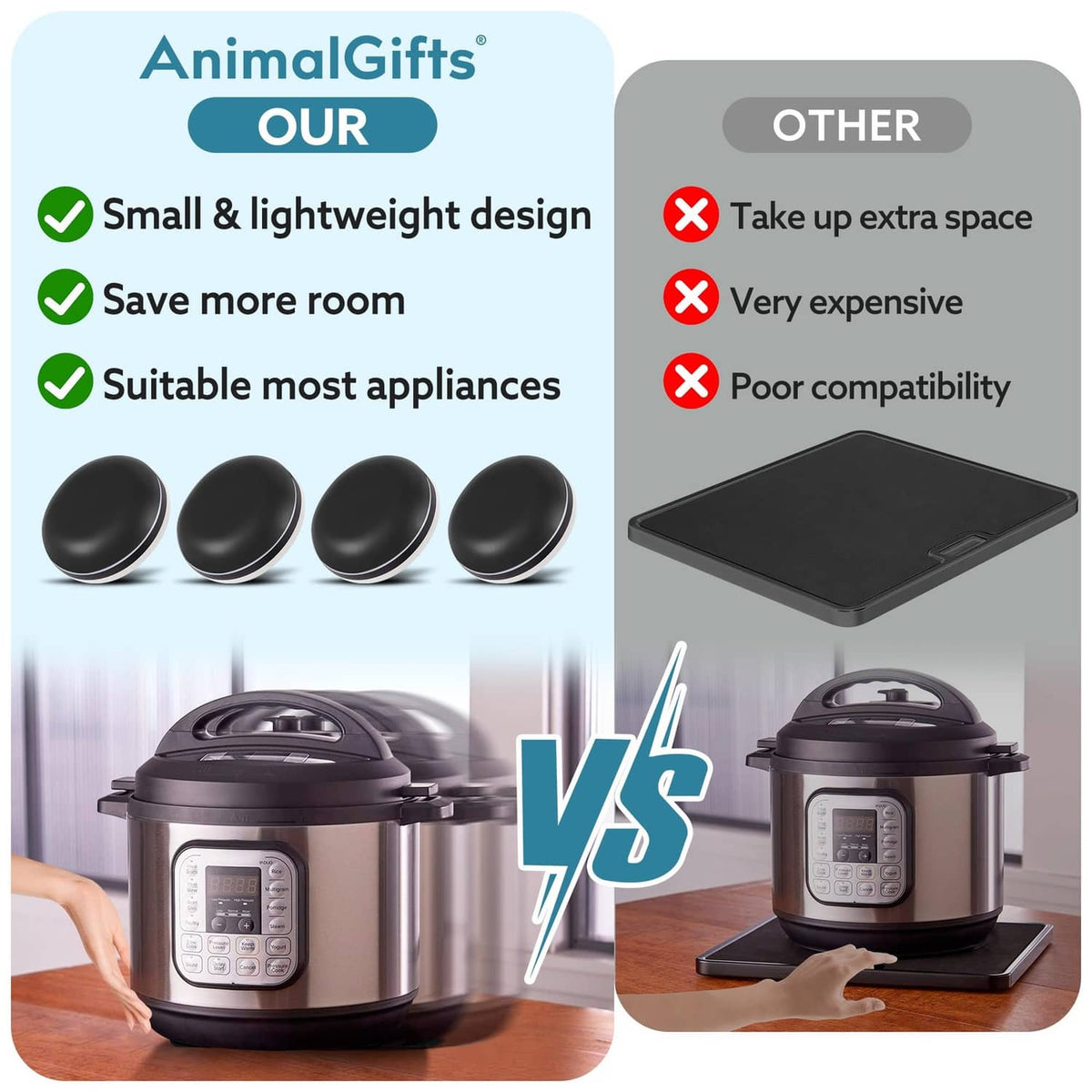 Black round appliance slider pad set, shown beside a flat alternative surface