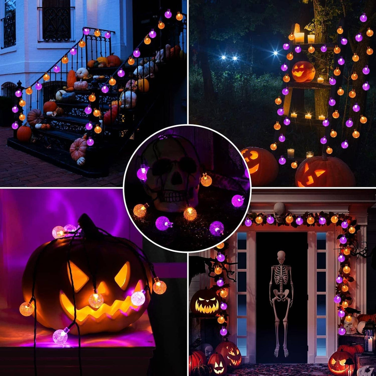Halloween solar string lights with orange and purple glowing globe bulbs on outdoor steps.