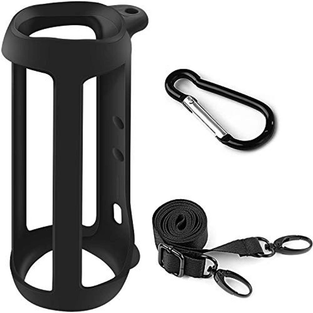 Black silicone portable speaker case with carabiner clip, ring strap, and mount